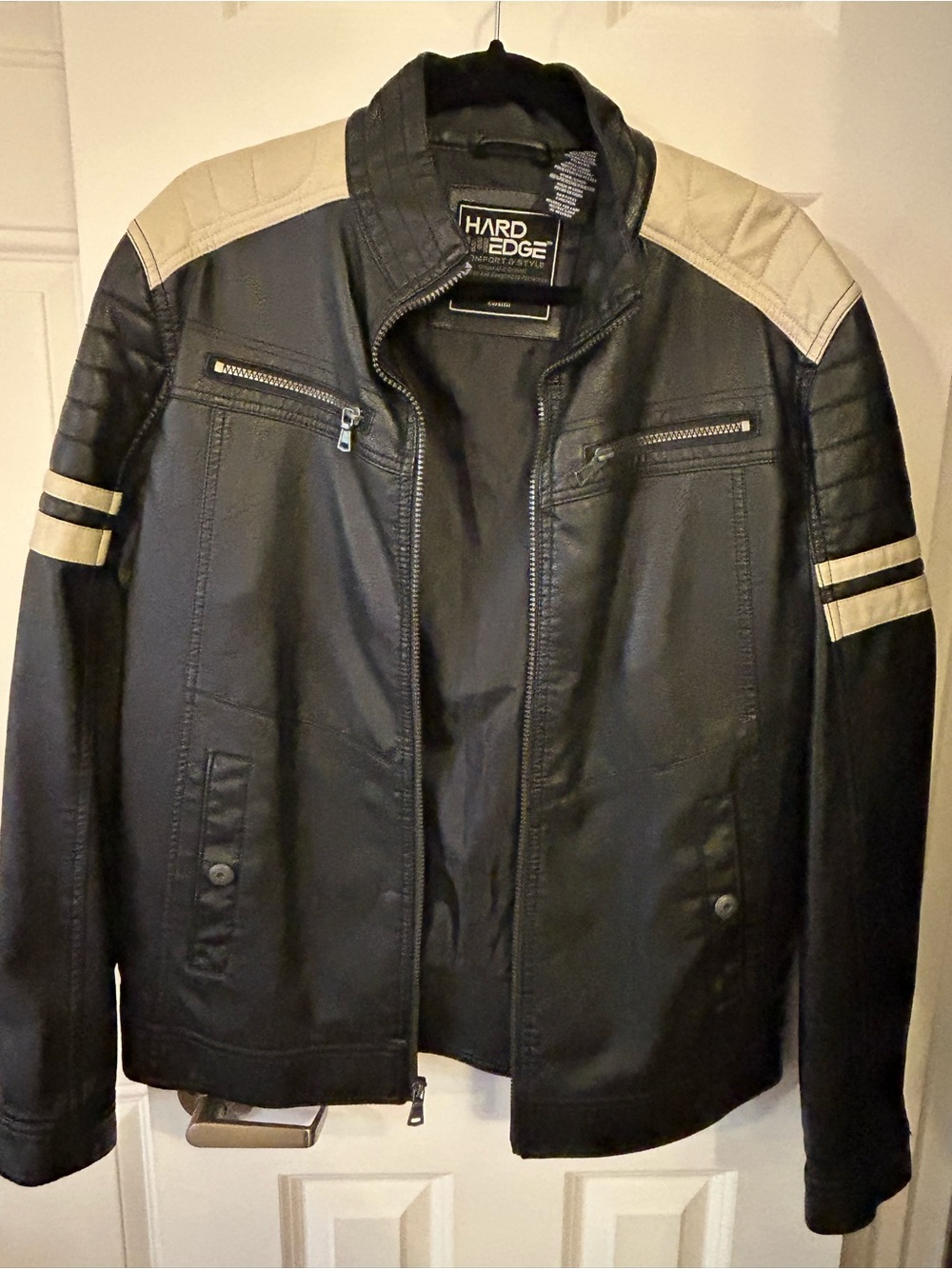 Hard Edge Men's Faux Leather Moto Biker Jacket Black Cream Stripes